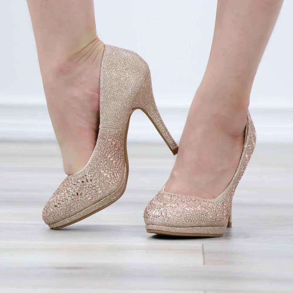 Sparkly Rose Gold Rhinestone Glitter Diamond Platform Slip On High Heel - Picture 11 of 14